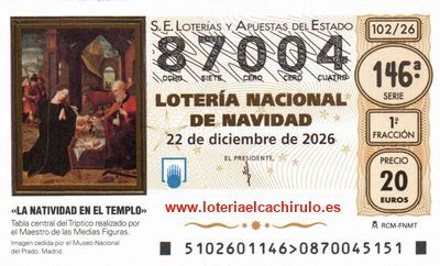 Anverso del d&eacute;cimo 87004 de la Loter&iacute;a de Navidad 2026, de La Roda (Albacete)
